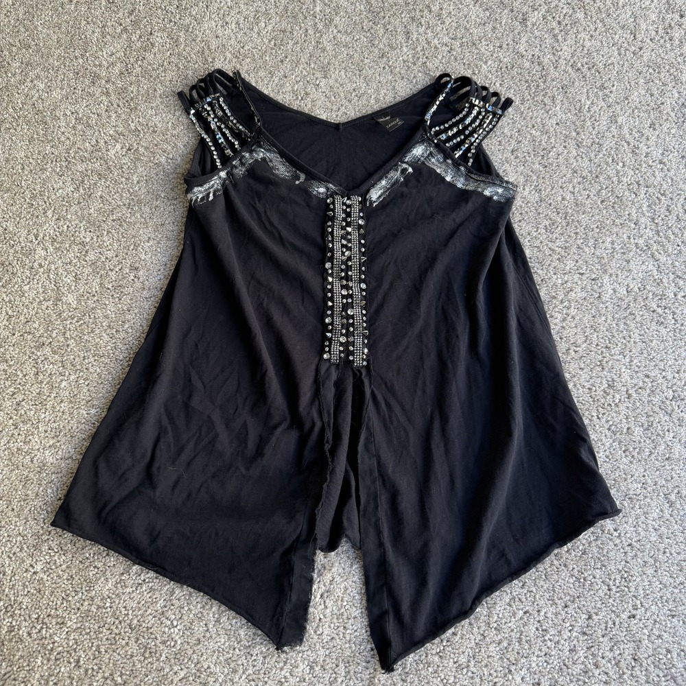 ZARGA Tank Top Womens XL Black Beaded Strappy V Neck Asymmetrical Tunic